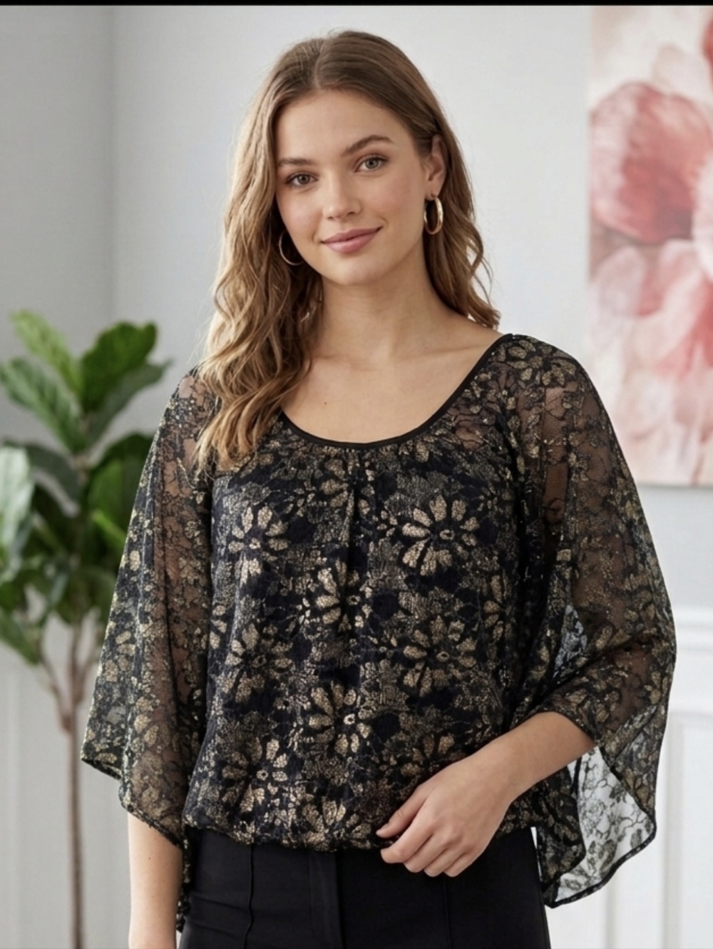 Streetwear Society Black & Metallic Gold Lace batwing sleeves Top,Y2K,Party, M